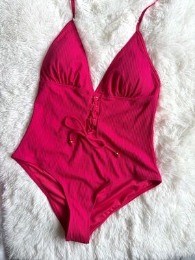 BONGO Hot Pink Ribbed One-Piece Swimsuit with Lace-Up Front